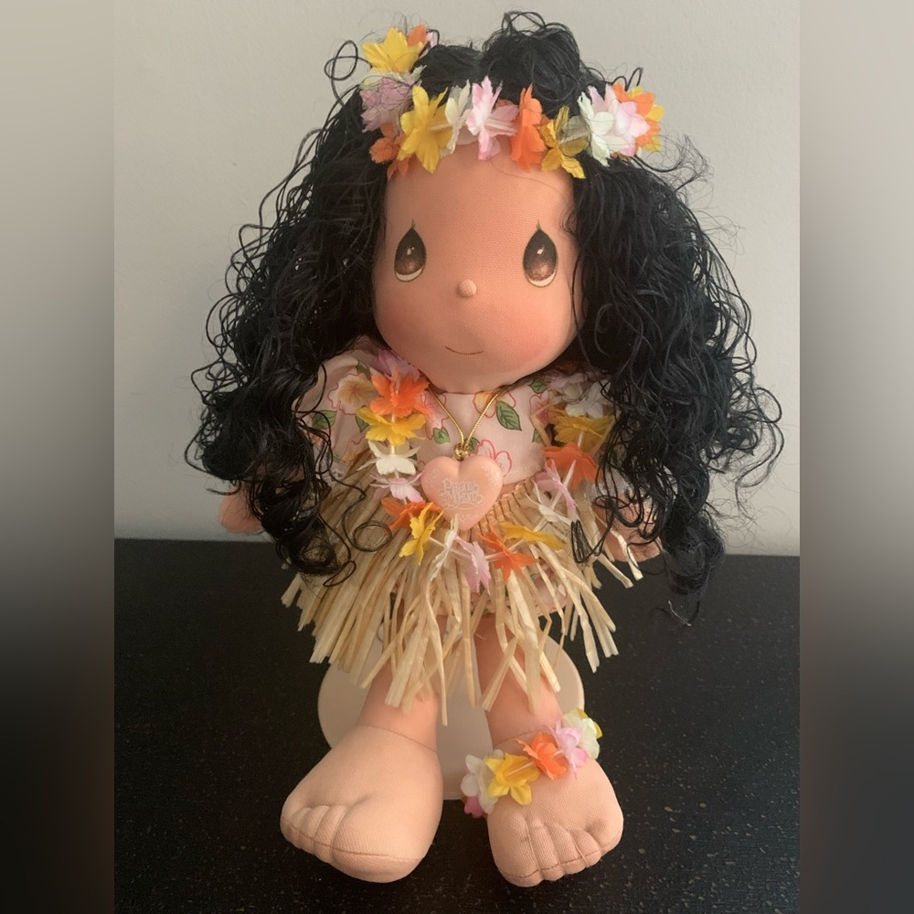 Vintage Precious Moments Hawaiian Doll with Black Hair and Floral Outfit